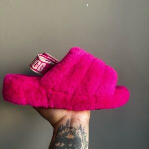 UGG Pink Fluffy Slide Loafers